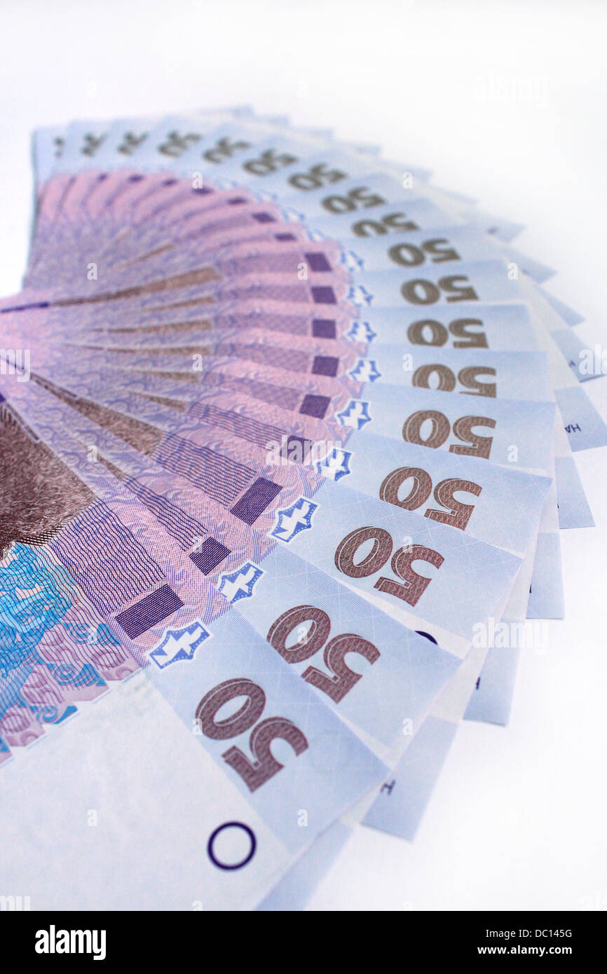 Immagine di sfondo di denaro ucraino del valore di 50 grivnas Foto Stock