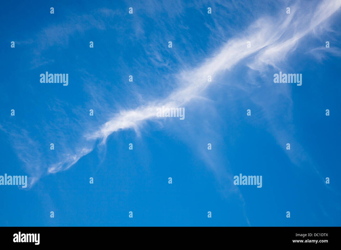 White cirrus cloud in un luminoso cielo blu su un giorno d'estate. Foto Stock