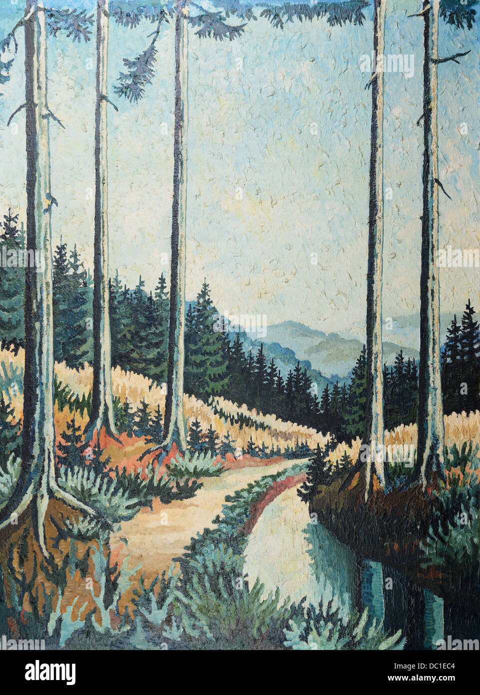 Gli alberi forestali - dipinto originale olio su legno Foto Stock