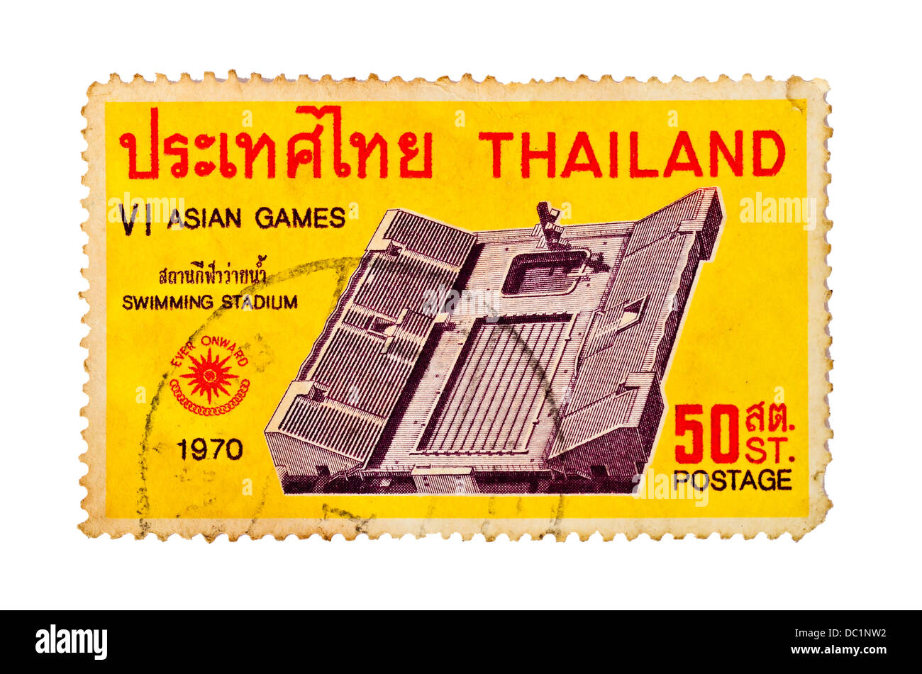 Un timbro stampato in Tailandia mostra giochi asiatici memorial in background, circa 1970. Foto Stock