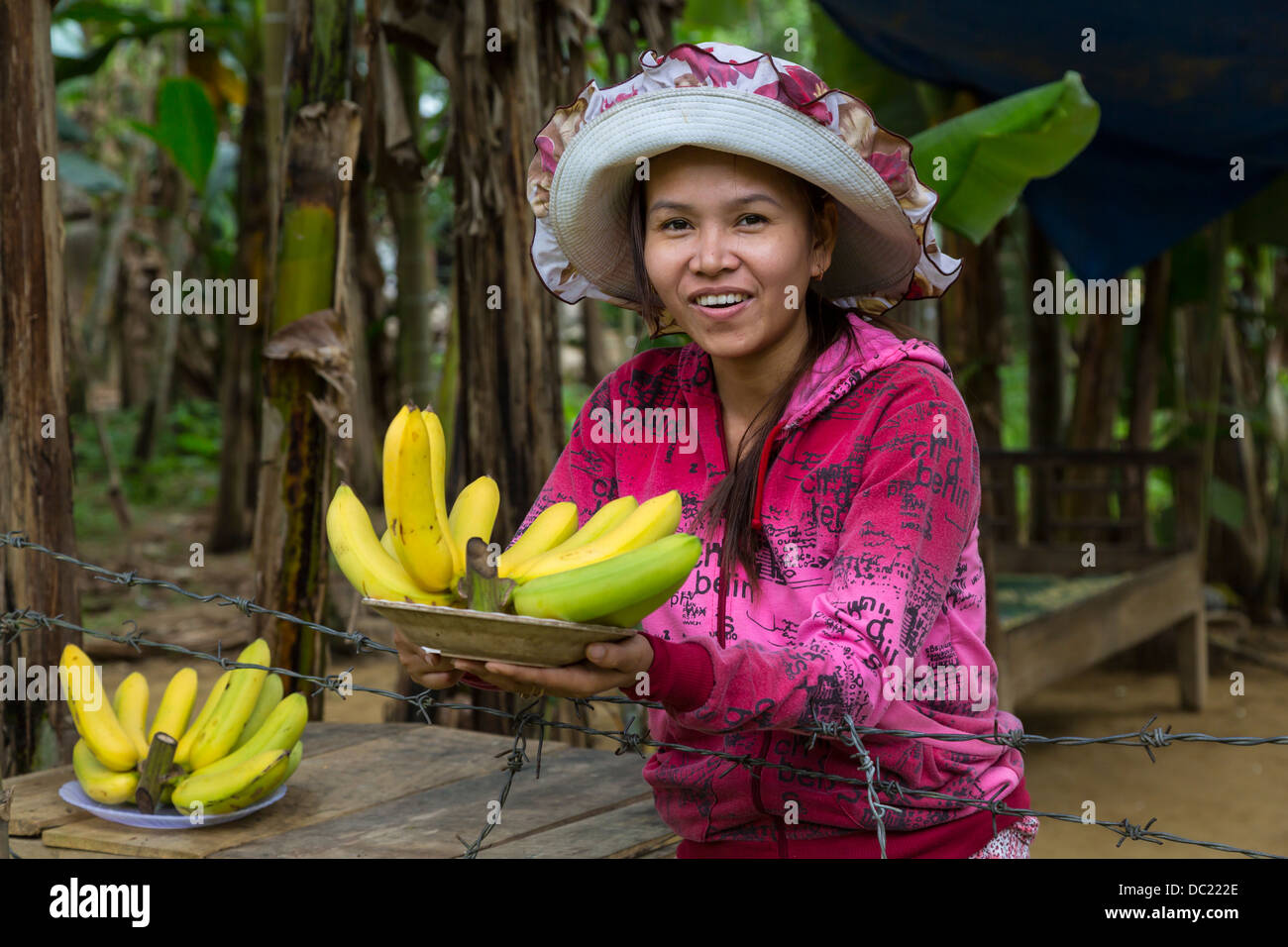 Una signora la vendita delle banane ai turisti a Ming Mang tomba nei pressi di tonalità, Vietnam, in Asia. Foto Stock