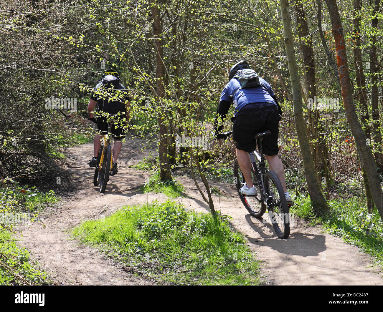 Due ciclisti maschio su un inglese un sentiero rurale Foto Stock