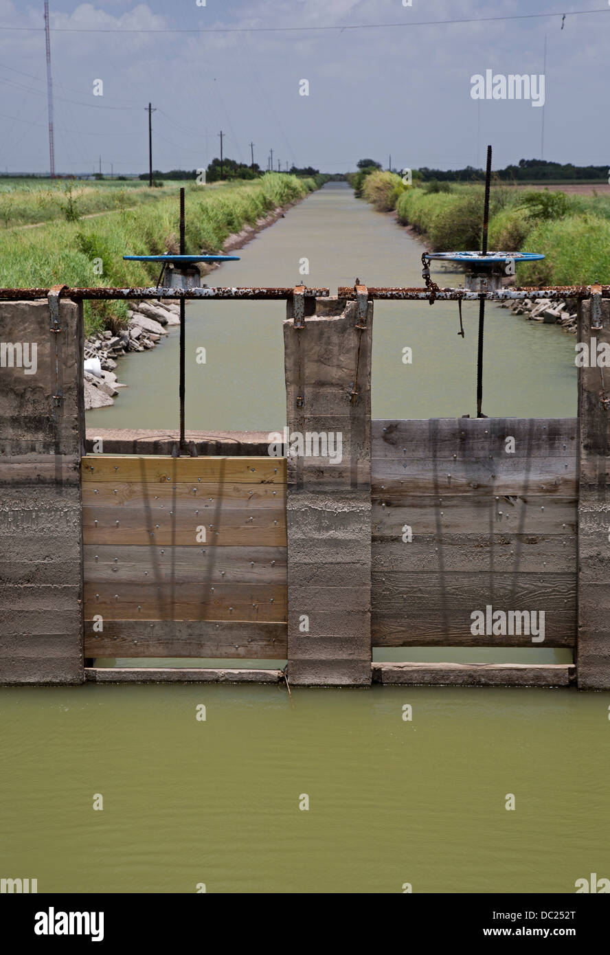 Santa Maria, Texas - un canale di irrigazione per gli agricoltori nel Rio Grande Valley. L'acqua proviene dal fiume Rio Grande. Foto Stock
