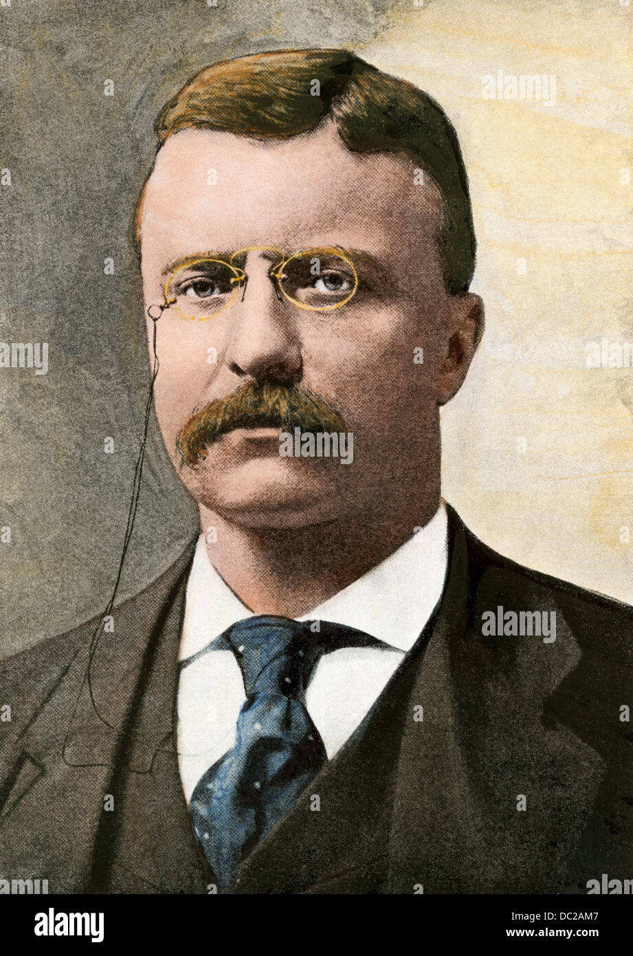 Il presidente statunitense Theodore Roosevelt. Colorate a mano riproduzione dei mezzitoni di una fotografia Foto Stock