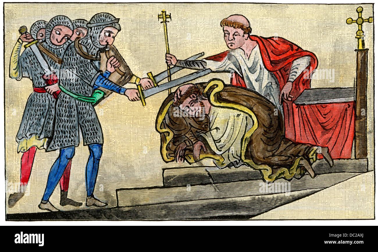 Il Martirio di San Thomas a Becket, arcivescovo di Canterbury, 1170 AD. Colorate a mano la xilografia Foto Stock