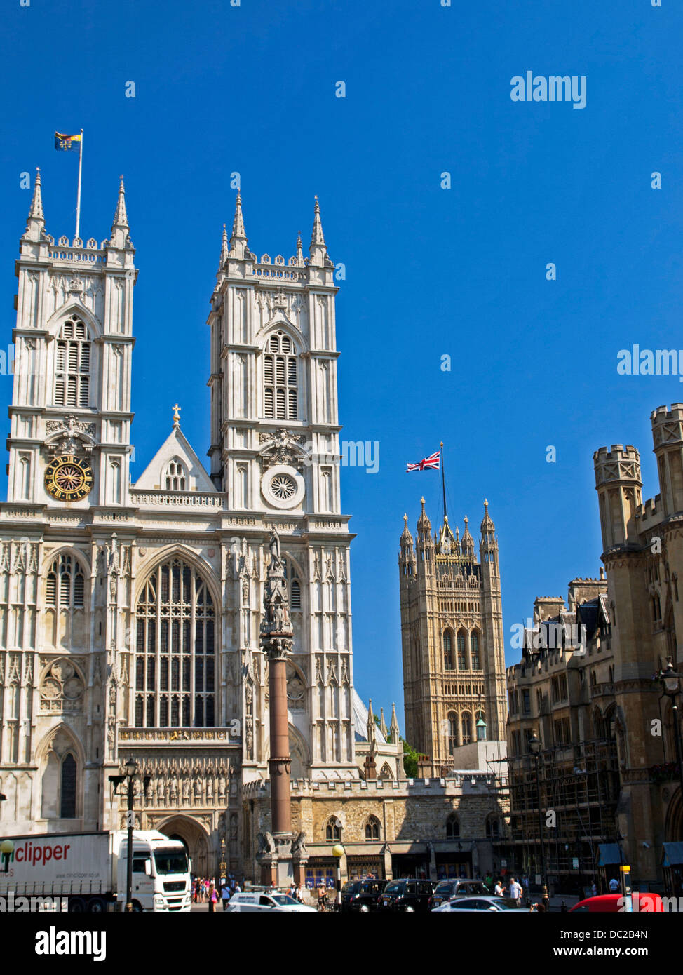 Vista Ovest di Westminster Abbey,City of Westminster, Londra, Inghilterra, Regno Unito Foto Stock