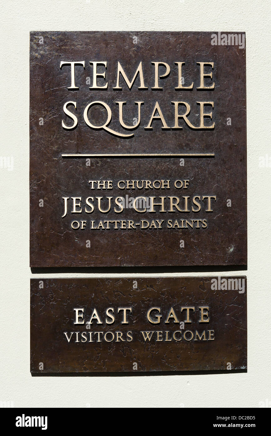 Segno in entrata al Tempio Square, Salt Lake City, Utah, Stati Uniti d'America Foto Stock