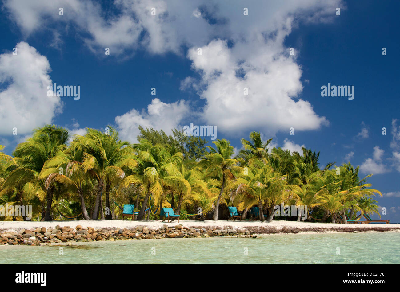 Belize, Stann Creek, Southwater Cay. L'acqua chiara dei Caraibi con vista sul mare della costa off Southwater Cay. UNESCO. Foto Stock