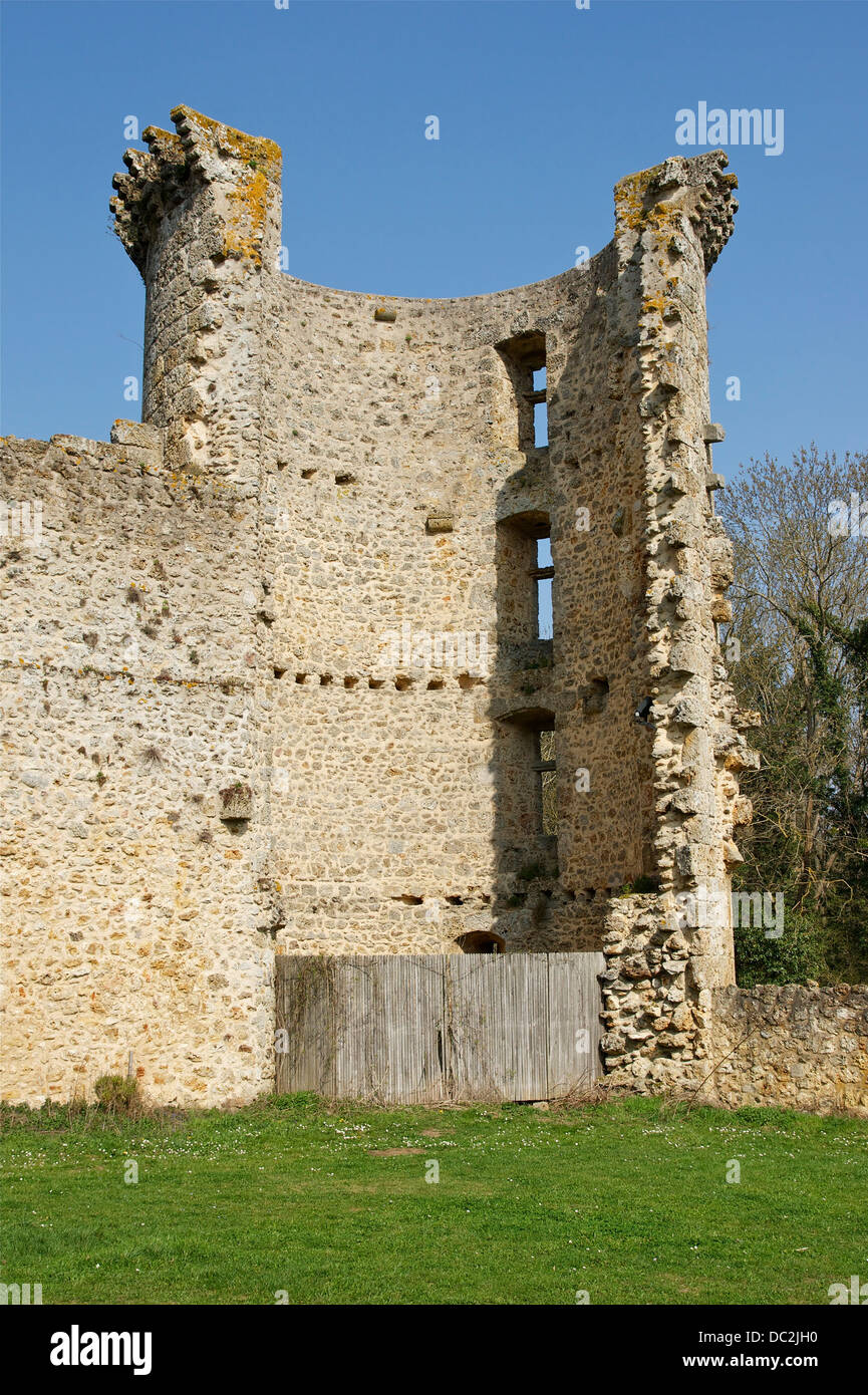 La torre in rovina del Chateau de la Madeleine che domina la valle di Chevreuse, Yvelines, Francia. Foto Stock