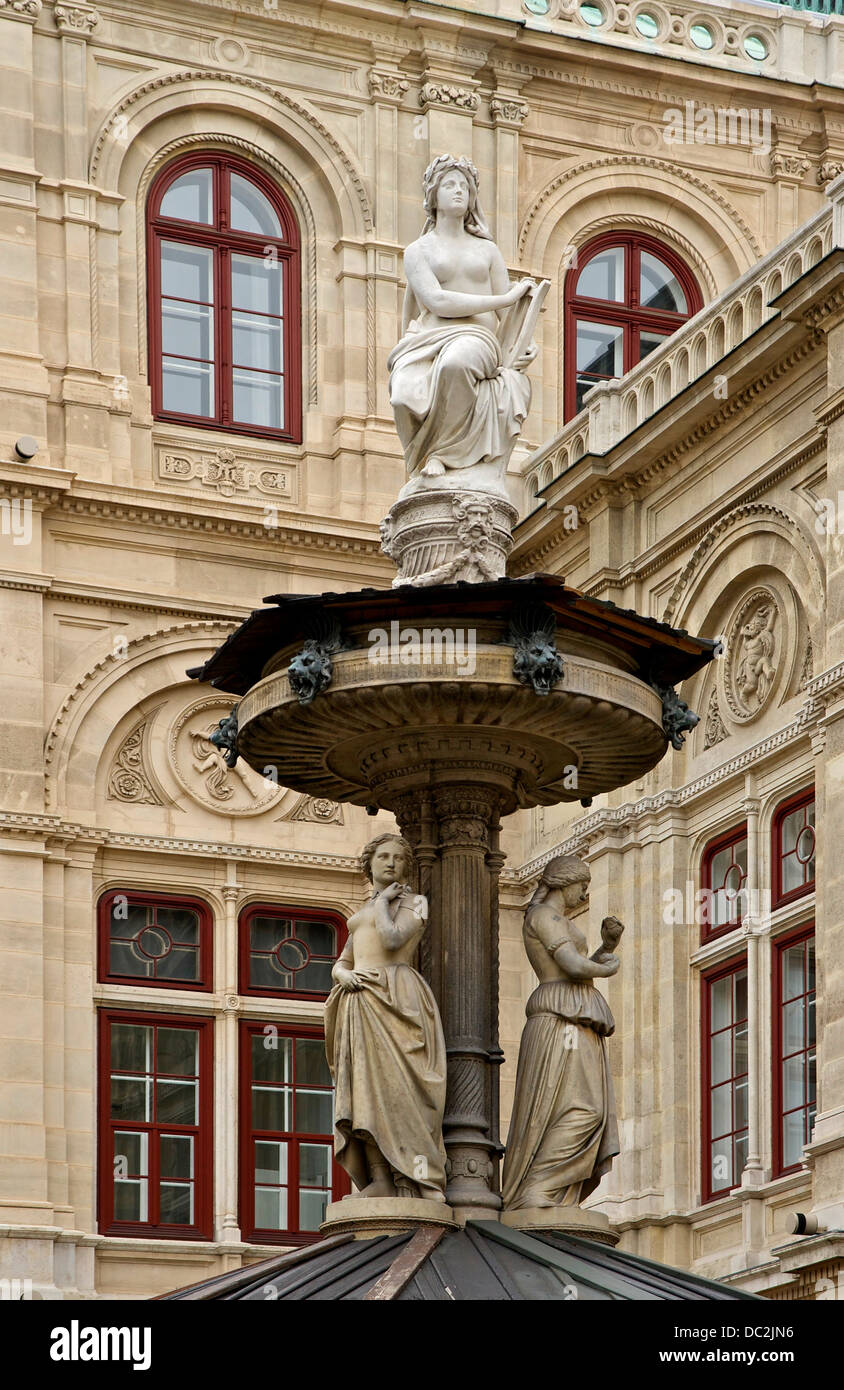 Le statue di una fontana, dettaglio, davanti alla facciata della Staatsoper di Vienna, Austria Foto Stock
