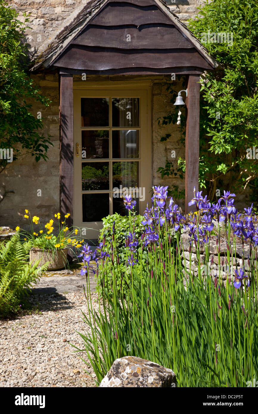 Portico di casa con il sentiero di ghiaia e viola iride fiori nel Giardino Inglese, Inghilterra Foto Stock