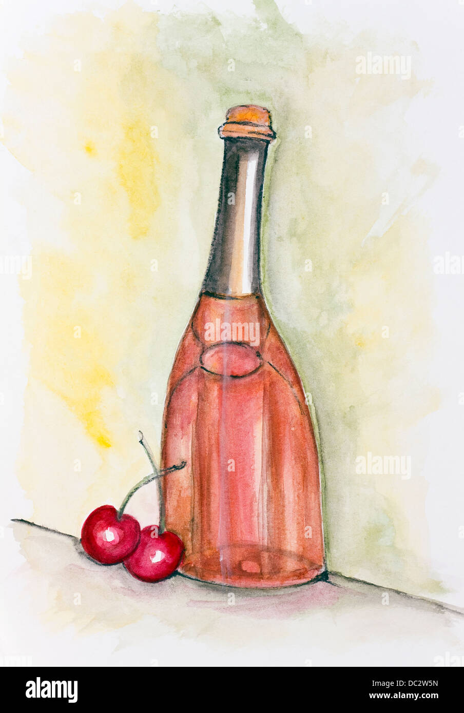 Moscato dolce il vino di frutta da ciliegie concetto. Fatti a mano di pittura ad acquerello illustrazione su un libro bianco sullo sfondo di arte Foto Stock