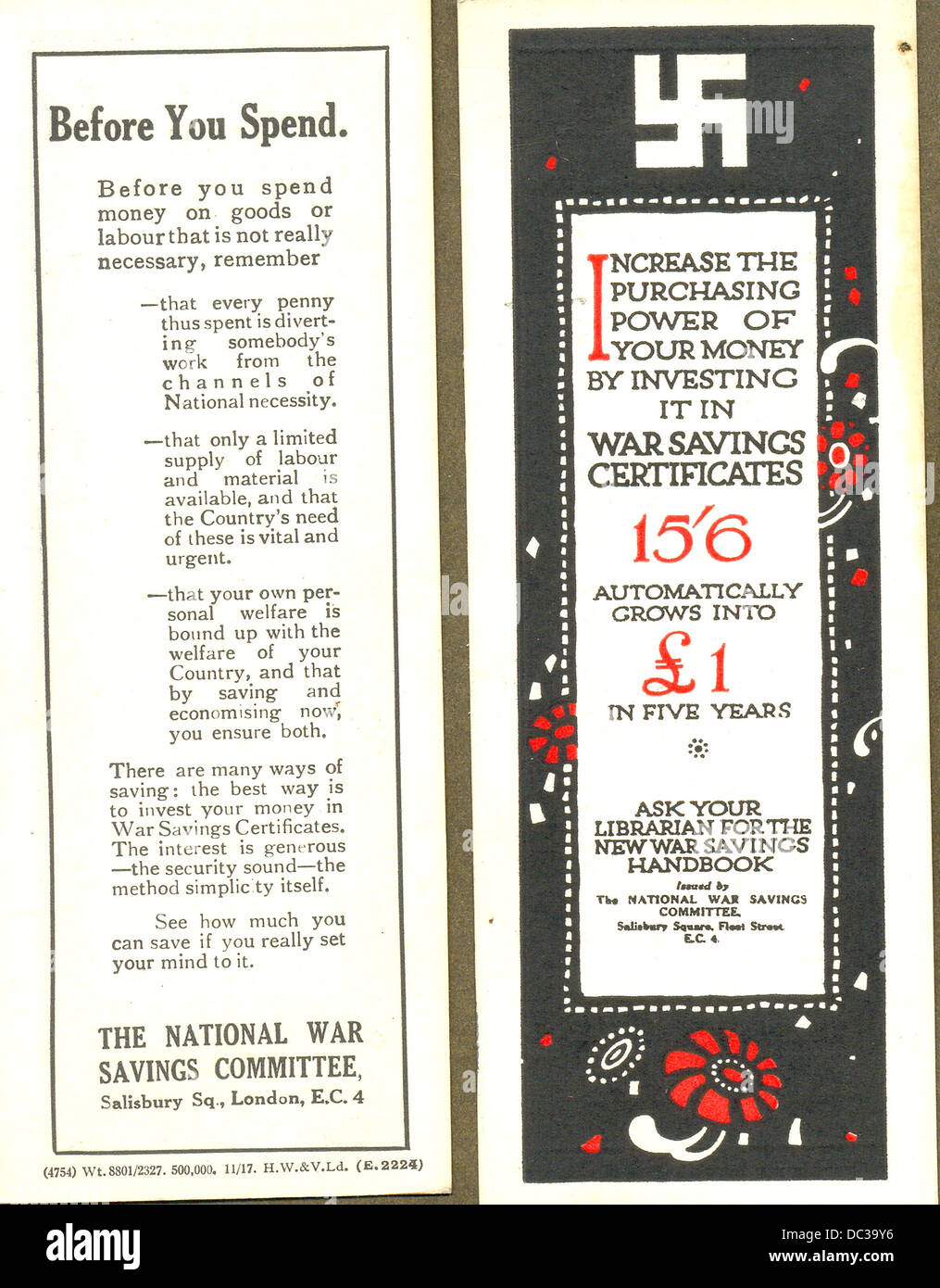 La seconda guerra mondiale un segnalibro pubblicità guerra nazionale risparmi che mostra parte anteriore e posteriore Foto Stock
