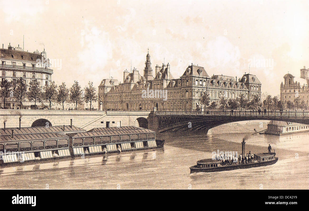 Incisione di Theodor Josef Hubert Hoffbauer (1839-1922), che mostra l'Hôtel de Ville de Paris nel 1883 Foto Stock