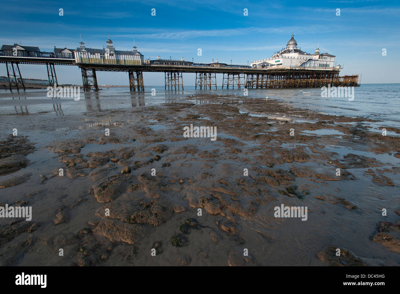 Il molo a Eastbourne della Contea del Sussex, sulla costa sud dell'Inghilterra a bassa marea. Foto Stock