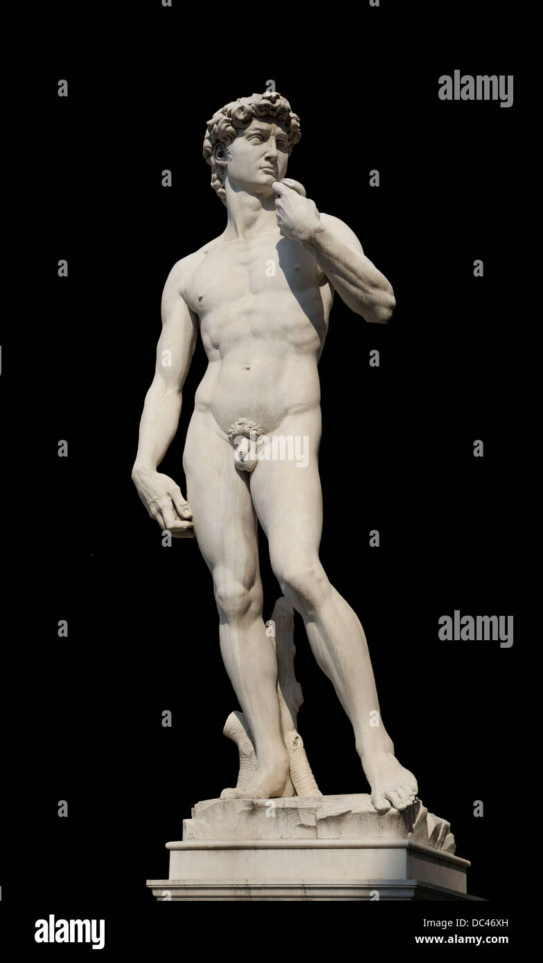 La replica in marmo del David di Michelangelo, Piazza della Signoria a Firenze. Foto Stock