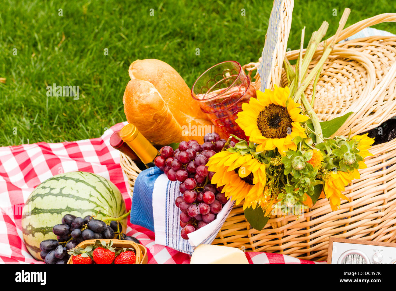 Picnic estivo con un paniere di cibo nel parco. Foto Stock