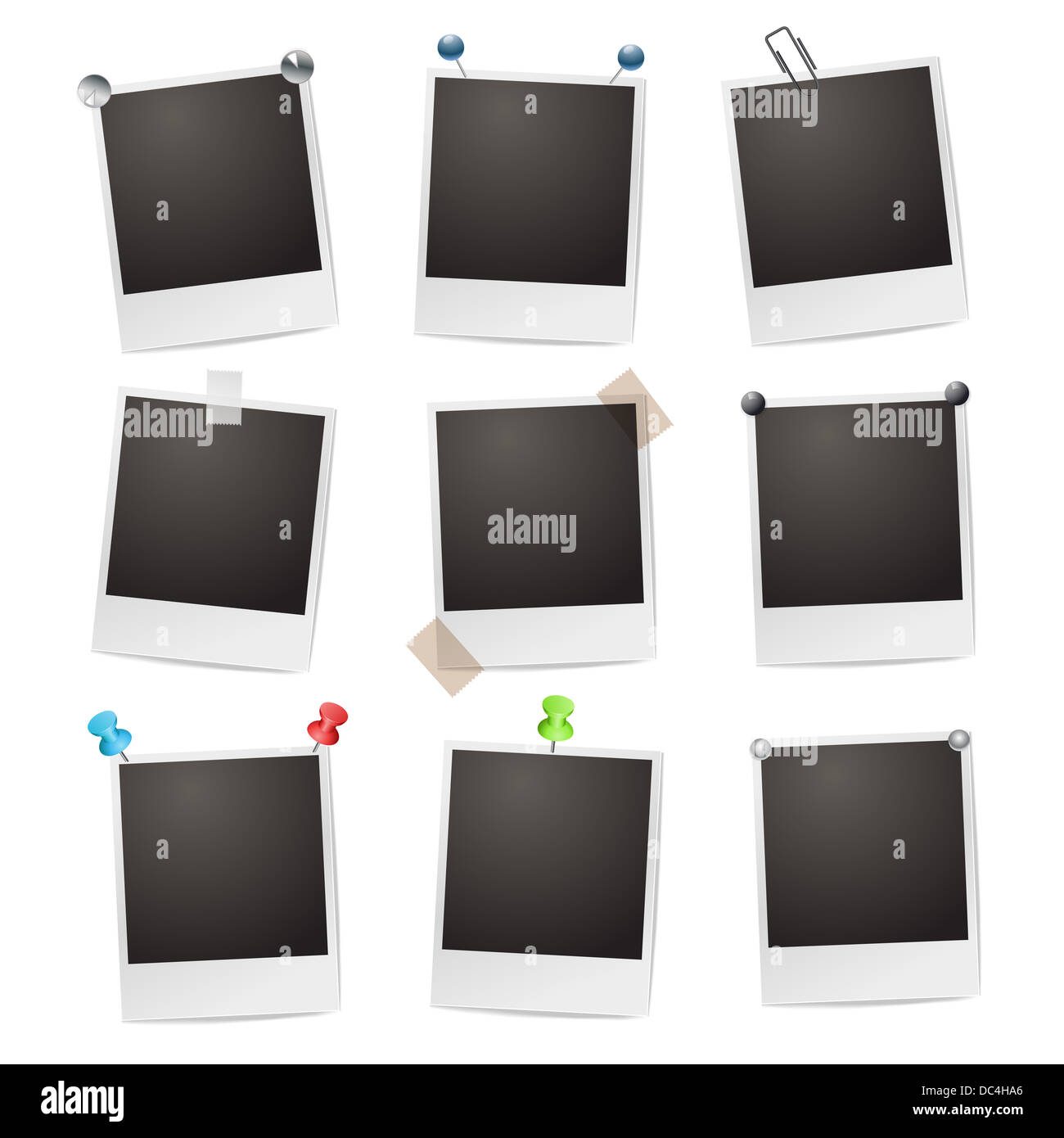 Cornici fotografiche con puntine da disegno, graffette e nastro Foto Stock