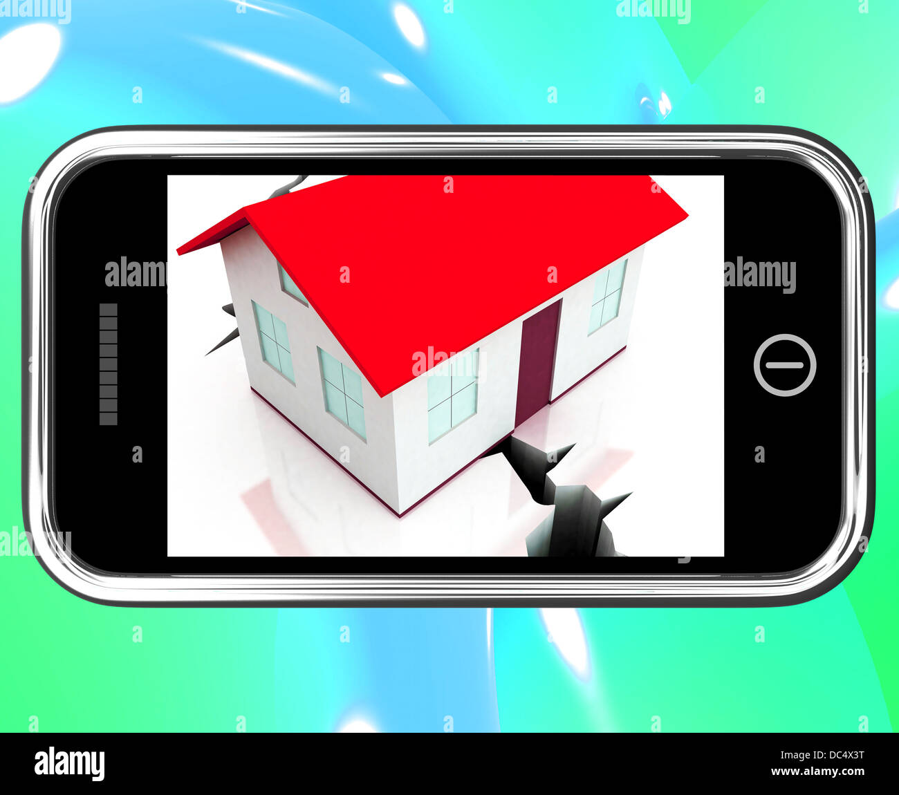 Fondazioni incrinato sullo smartphone che mostra casa danneggiata Foto Stock