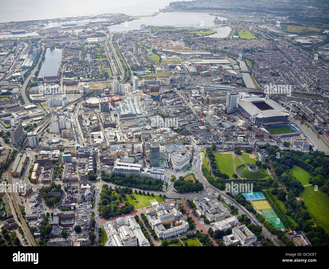 Vista aerea del centro di Cardiff Galles del Sud, Regno Unito Foto Stock