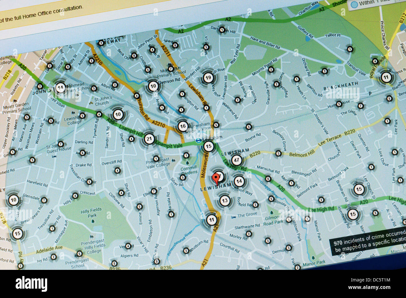 Incidenza della criminalità in Lewisham area della South London mostrato sulla mappa della criminalità da polizia.uk. Foto Stock
