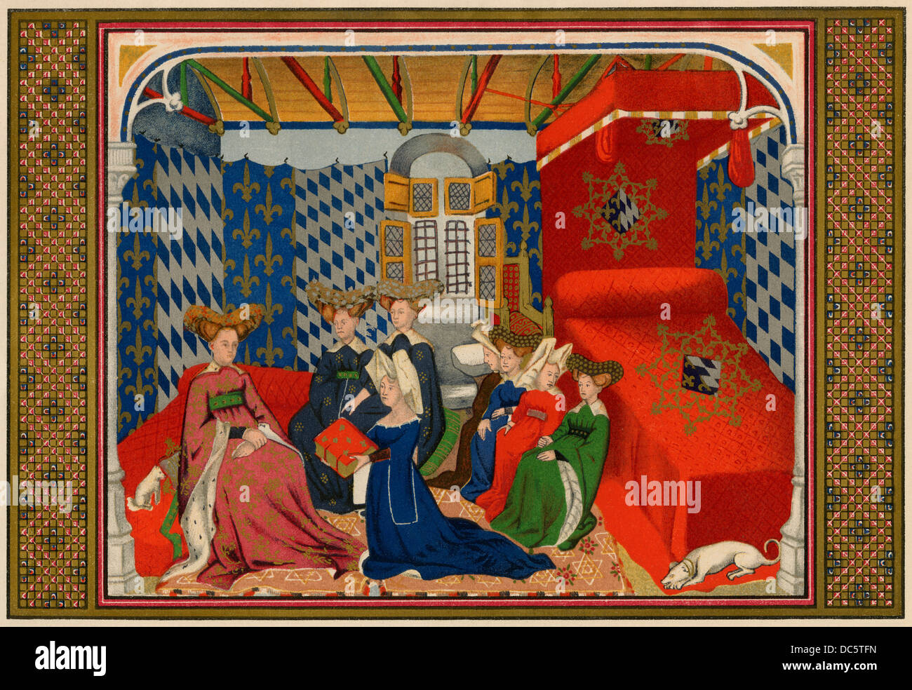 Christine de il Pisano presentando il suo libro di Isabella di Baviera, regina di Carlo VI di Francia. Litografia a colori la riproduzione Foto Stock