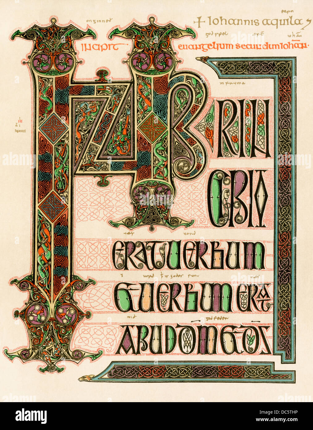 Manoscritto illuminato pagina del Lindisfarne vangeli, Inghilterra, circa 700. Litografia a colori la riproduzione Foto Stock