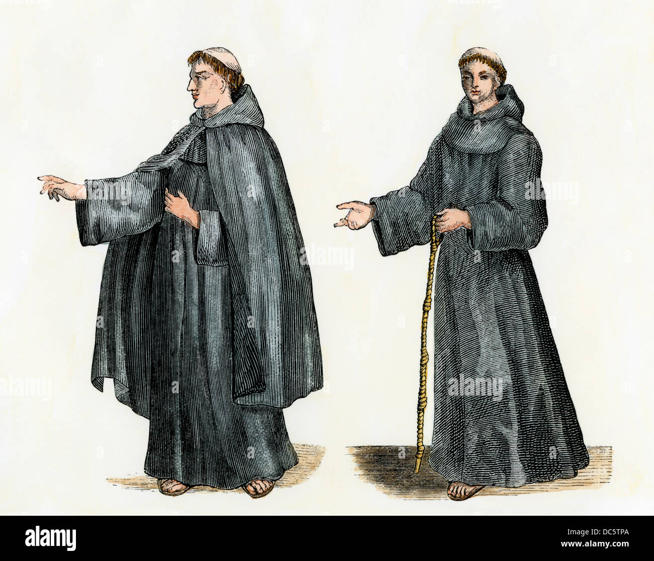 Monaco francescano o grigio frate, indicato con e senza il suo mantello (a destra). Colorate a mano la xilografia Foto Stock