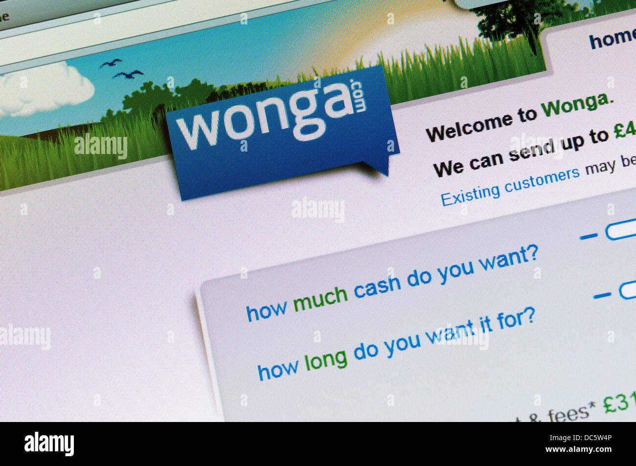 La home page di Wonga.com, il prestito di giorno di paga e di breve termine di elevato interesse società di credito. Foto Stock