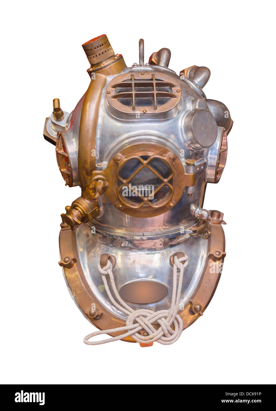 Antique deep sea diving casco, isolato Foto Stock