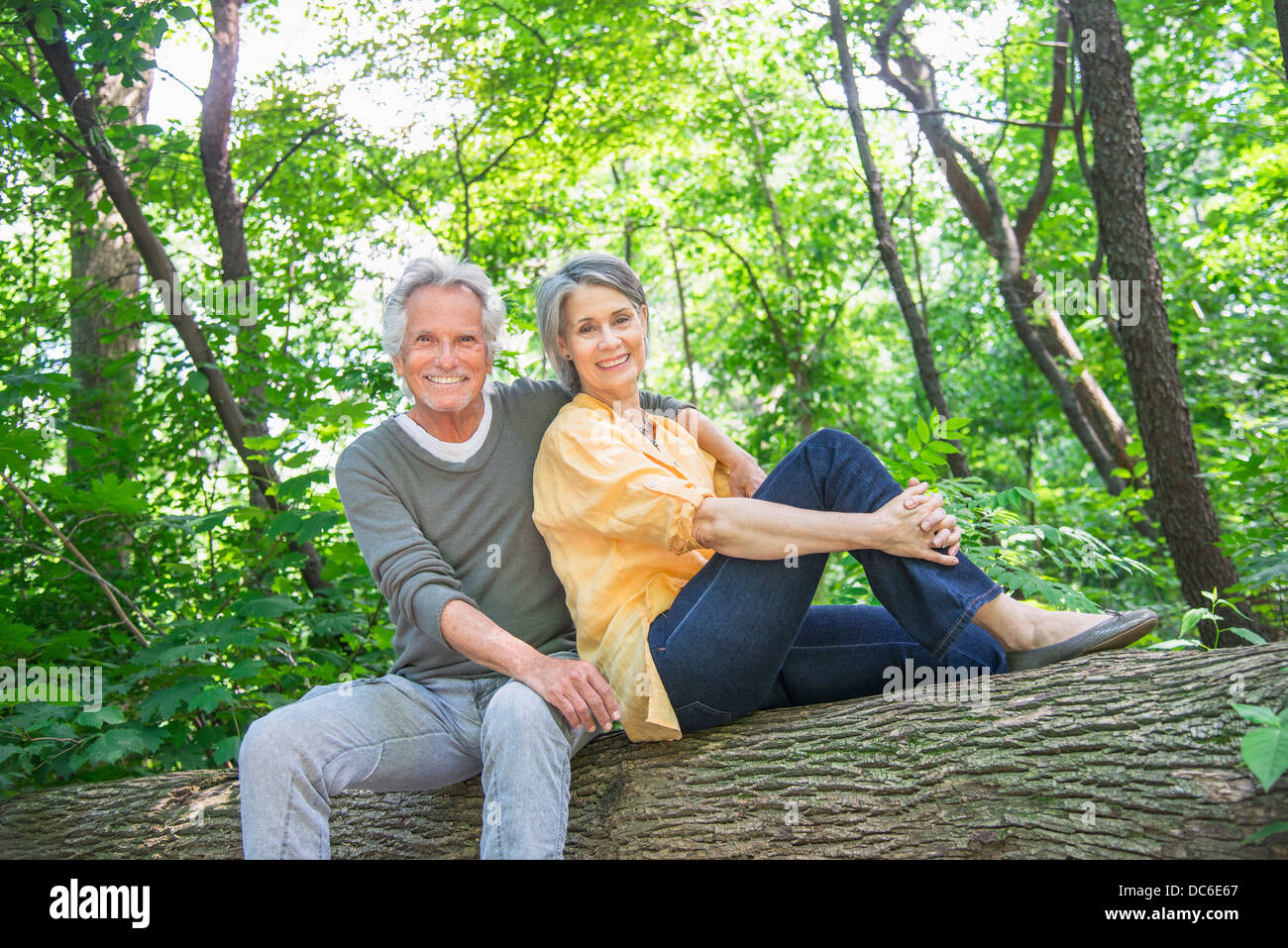 Stati Uniti d'America, dallo Stato di New York New York City Central Park, Senior giovane seduto sul log in foresta Foto Stock