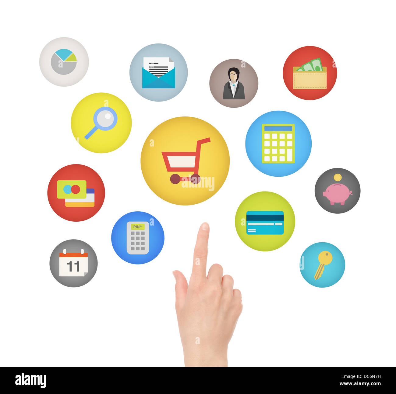 Femmina toccando a mano e puntando sull'e-commerce e icone finanziario. Isolato su sfondo bianco. Foto Stock