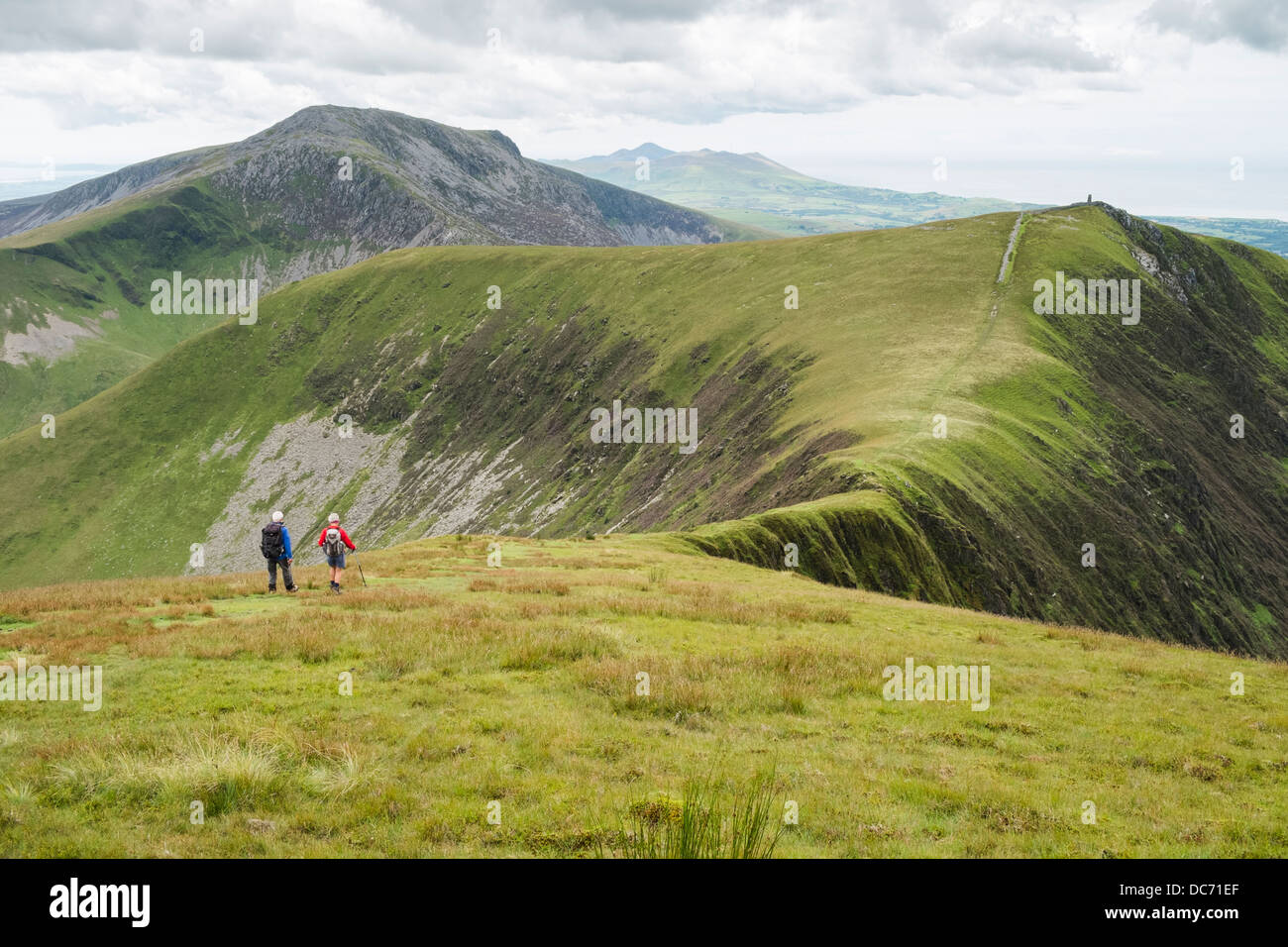 Gli escursionisti escursionismo a ovest sul percorso da Trum y Ddysgl di Mynydd Tal-y-mignedd sulla cresta Nantlle camminare nelle montagne di Snowdonia Wales UK Foto Stock