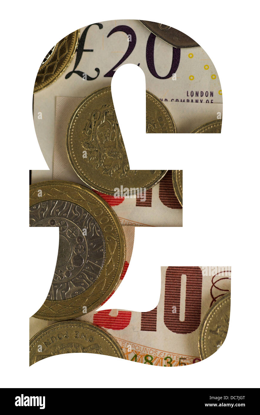 Sterlina inglese segno contro uno sfondo di British pound banconote e monete. Foto Stock