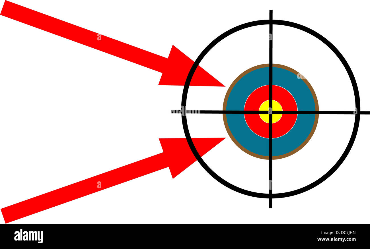 Illustrazione di destinazione con cross-peli sul bersaglio e sottolineato da due frecce. Foto Stock