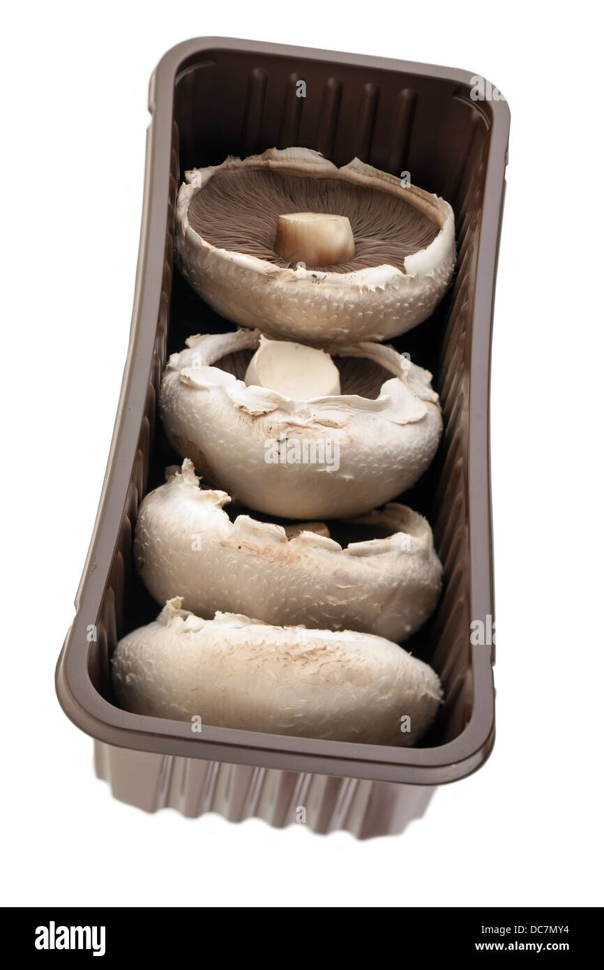Grande piatto di funghi in un vassoio di plastica Foto Stock