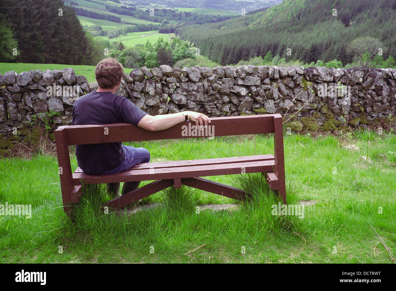 Uomo caucasico seduto su una panca in legno ammirando visualizzare a Moffat Dale, Dumfries & Galloway, Scotland, Regno Unito modello rilasciato Foto Stock