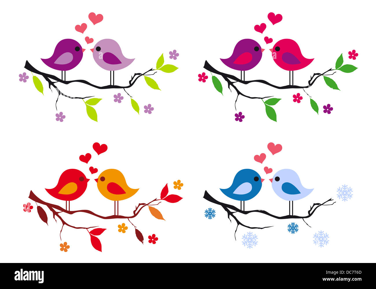 Carino amore degli uccelli con cuori rossi sul ramo di albero Foto Stock