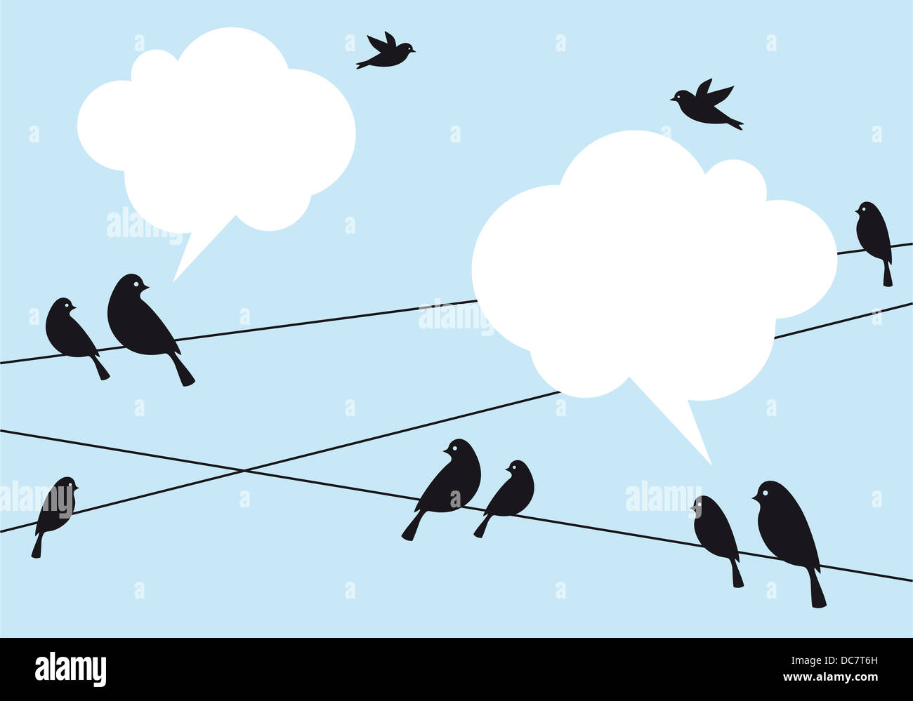 Gli uccelli sul filo in cielo blu con nuvole fumetti, sfondo vettoriale Foto Stock