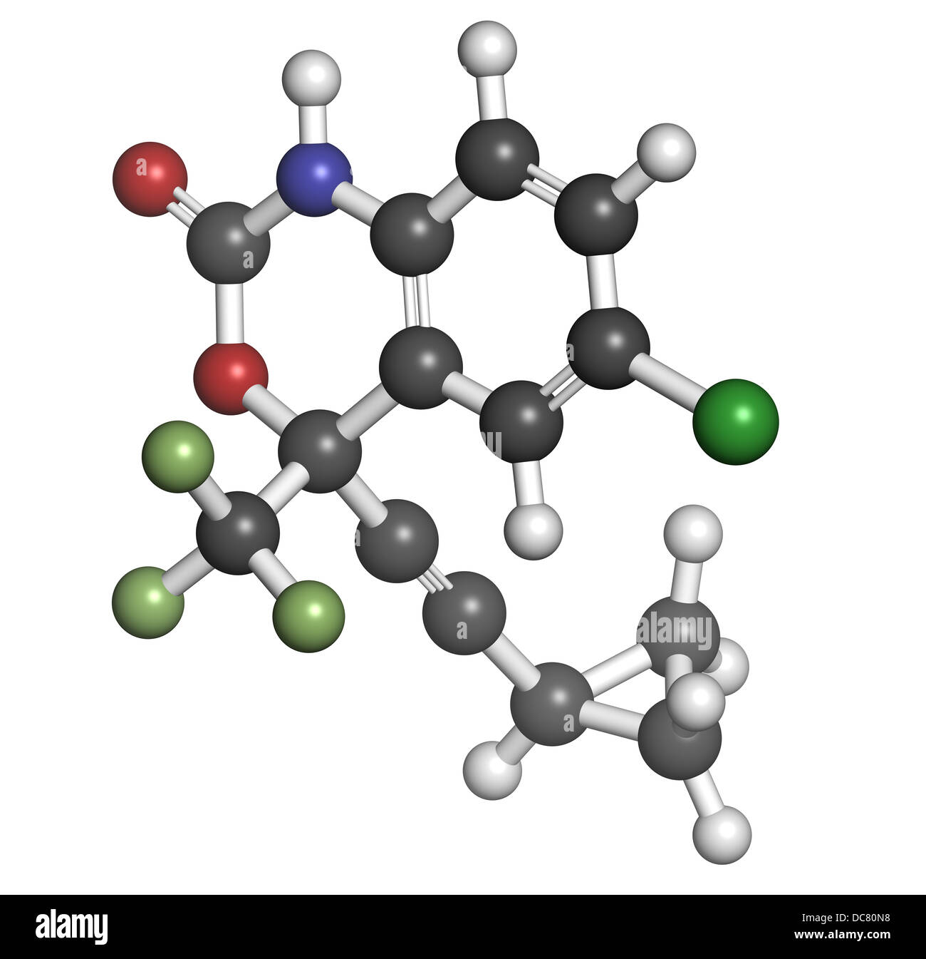 Efavirenz HIV farmaco, struttura chimica. Gli atomi sono rappresentati come sfere convenzionale con codifica a colori Foto Stock