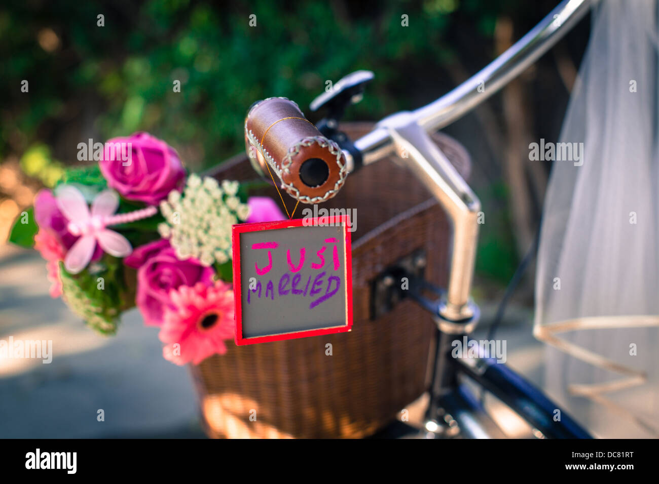 Appena sposata con segno su una moto con i fiori e le spose velo. Foto Stock