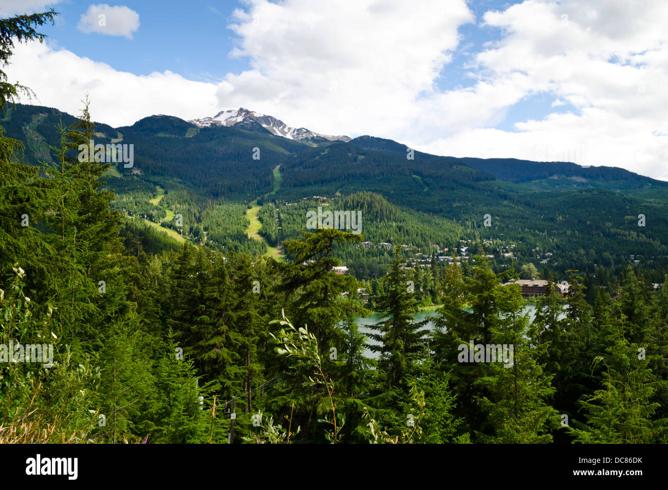 Vista panoramica di Whistler Mountain, foreste e Nita Lago d'estate. Whistler, British Columbia, Canada. Foto Stock