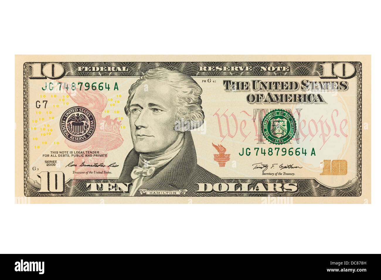 Dieci americano US dollar nota su sfondo bianco Foto Stock