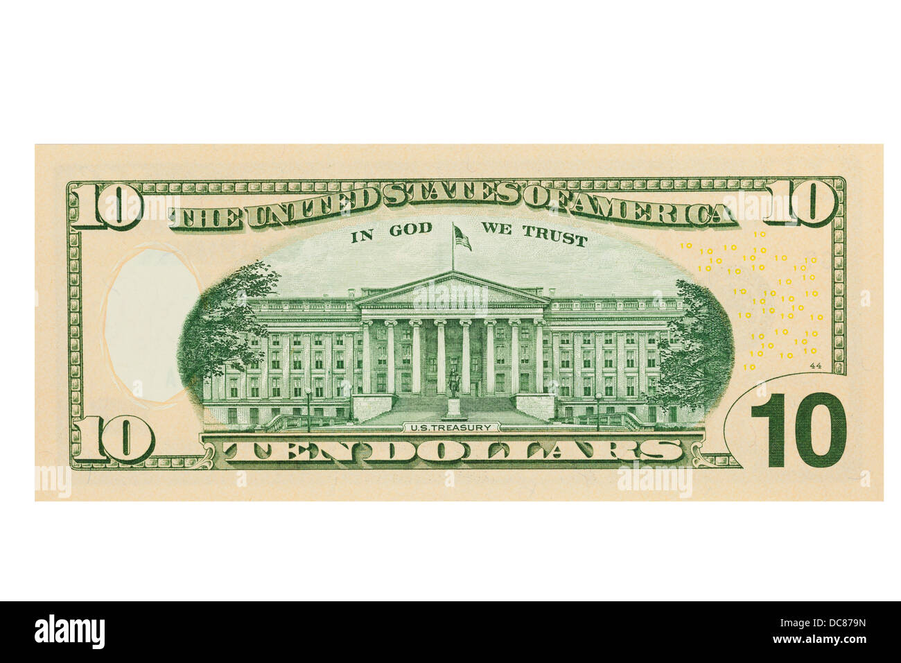 Dieci americano US dollar nota su sfondo bianco Foto Stock