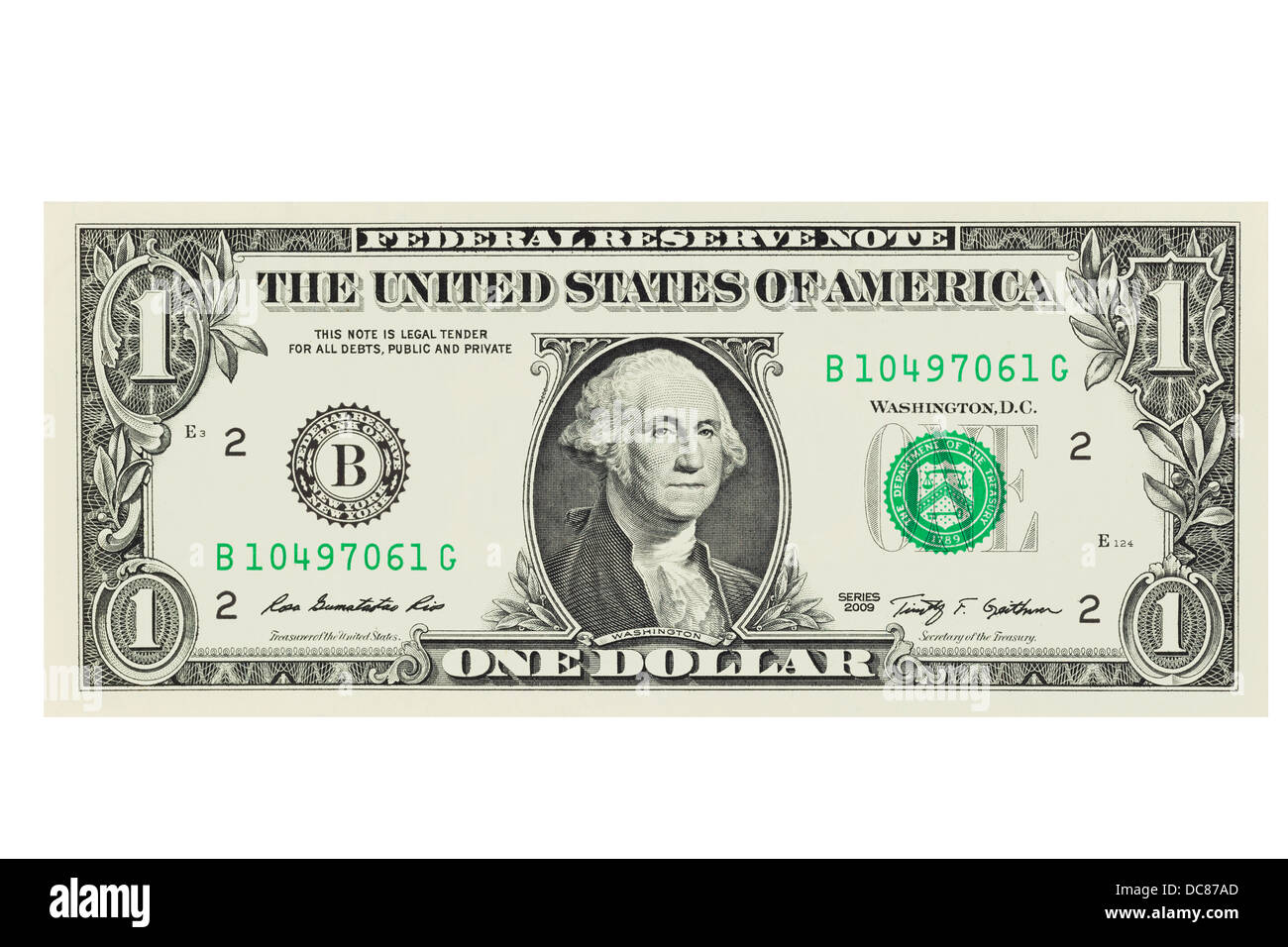 Uno americano US dollar nota su sfondo bianco Foto Stock