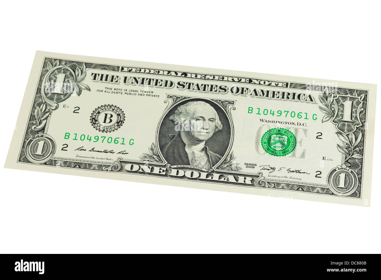 Uno americano US dollar nota su sfondo bianco Foto Stock