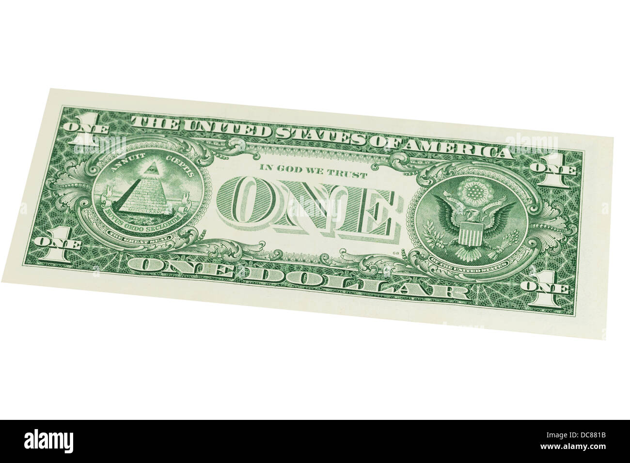Uno americano US dollar nota su sfondo bianco Foto Stock
