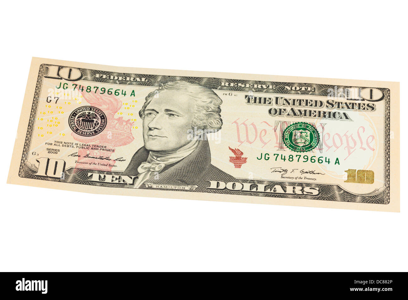 Dieci americano US dollar nota su sfondo bianco Foto Stock