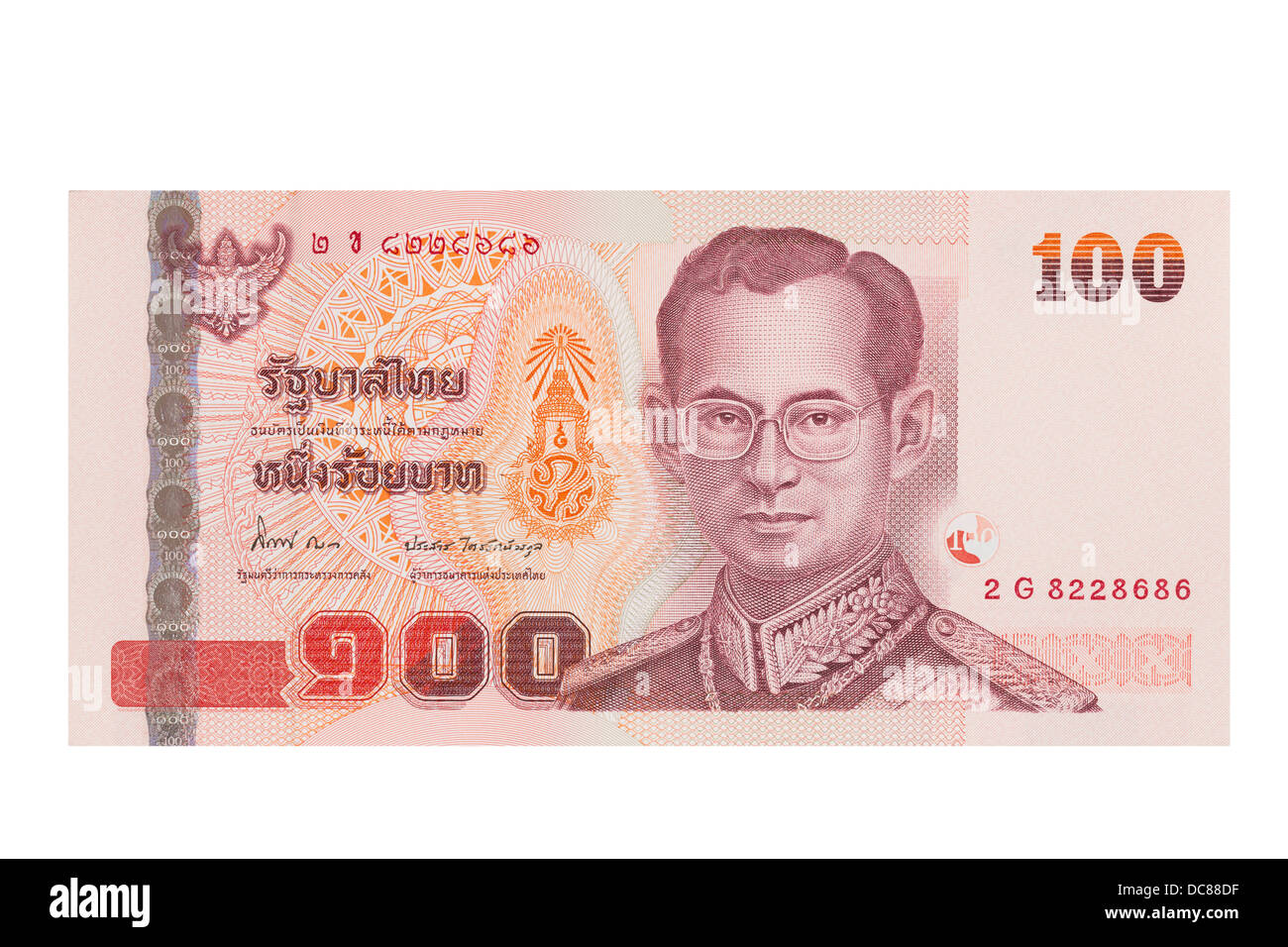 Un centinaio di baht tailandese nota nota su sfondo bianco Foto Stock