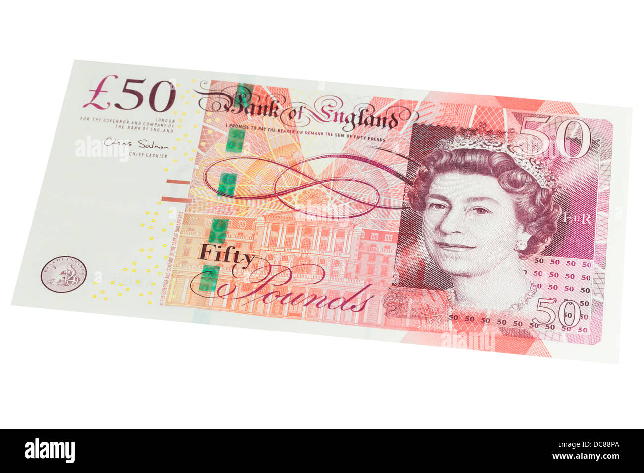 Inglese cinquanta pound nota su sfondo bianco Foto Stock